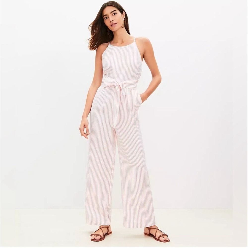 LOFT‎ Women's 6 Striped Linen Blend Wide Leg Belted Jumpsuit NWT SU24 Tie Waist